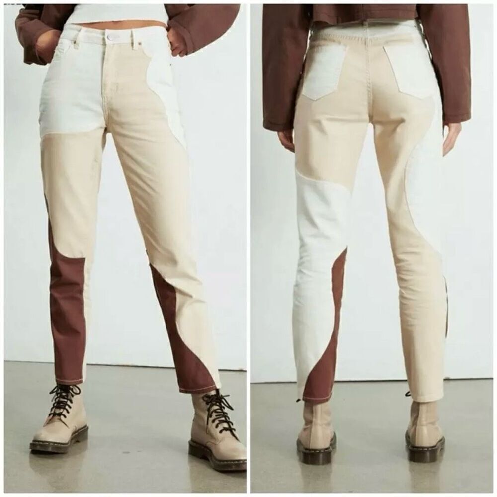 Pacsun Paneled‎ Mom Jean Eco Tan Brown Cream Ginger Pane Relaxed Women 25 NWT